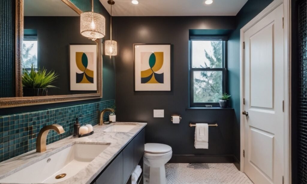 A bathroom interior with minimalist wall art on the wall