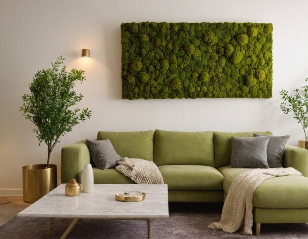 Living room interior featuring moss wall art on the wall