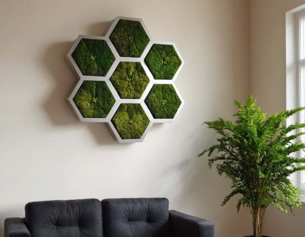 Clean minimalist living room interior with a geometric moss wall art on the wall 