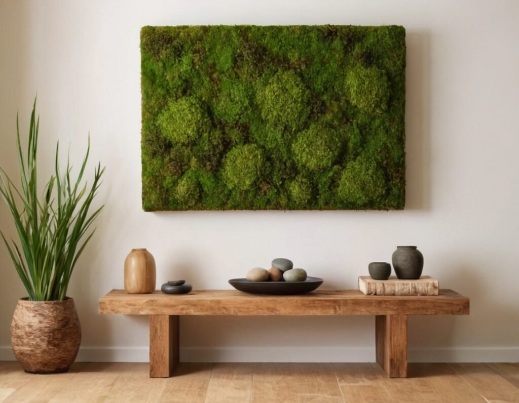 A clean minimalist meditation room interior with moss art on the wall