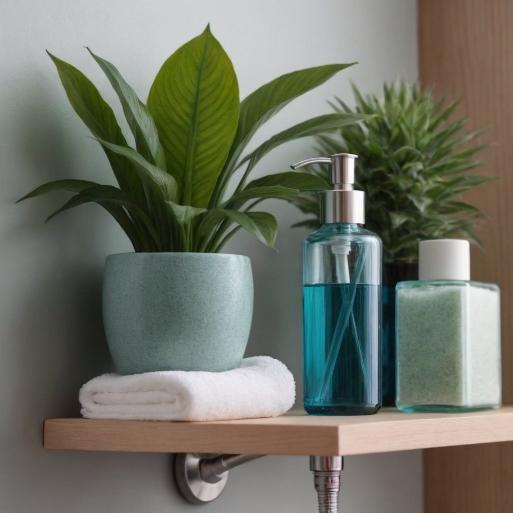 Artificial plants on the bathroom shelf