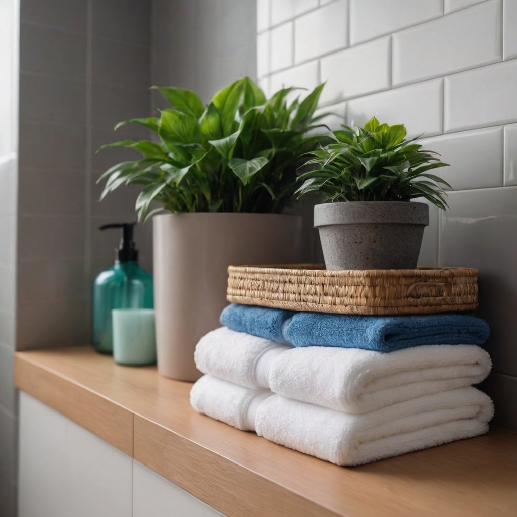 Bathroom interior with beautifully arranged towels