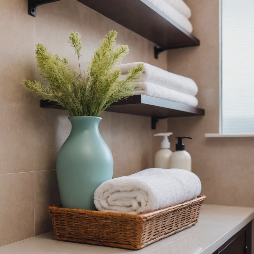 Bathroom interior with floating shelves and blue vase 